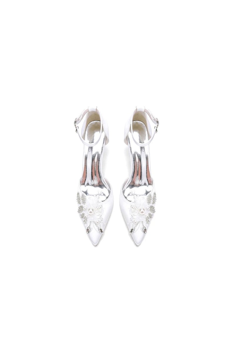 Elegant Ankle Strap White Wedding Shoes With Rhinestone Flower - KissProm