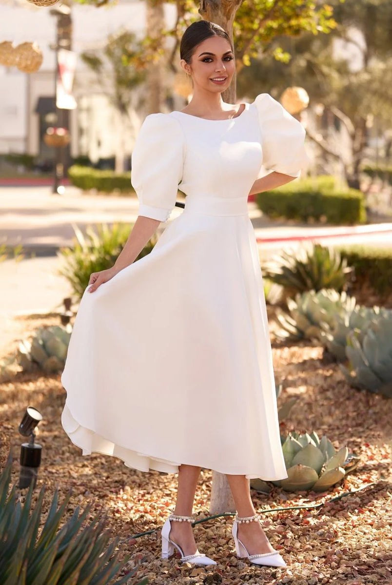 Elegant Bateau A Line Satin Knee - length Wedding Dress - KissProm