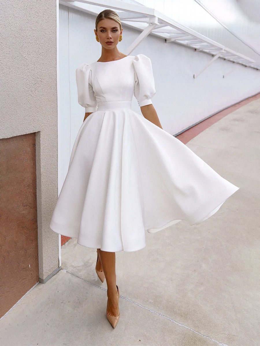 Elegant Bateau A Line Satin Knee - length Wedding Dress - KissProm
