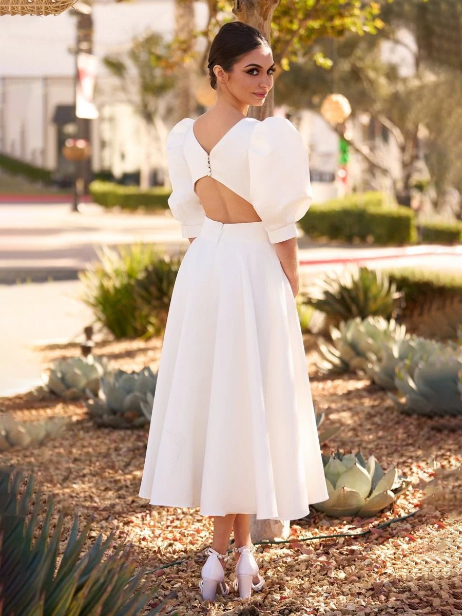 Elegant Bateau A Line Satin Knee - length Wedding Dress - KissProm