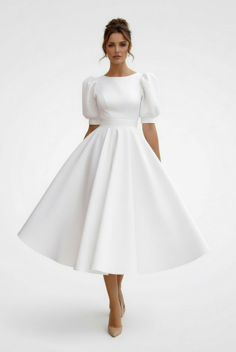 Elegant Bateau A Line Satin Knee - length Wedding Dress - KissProm