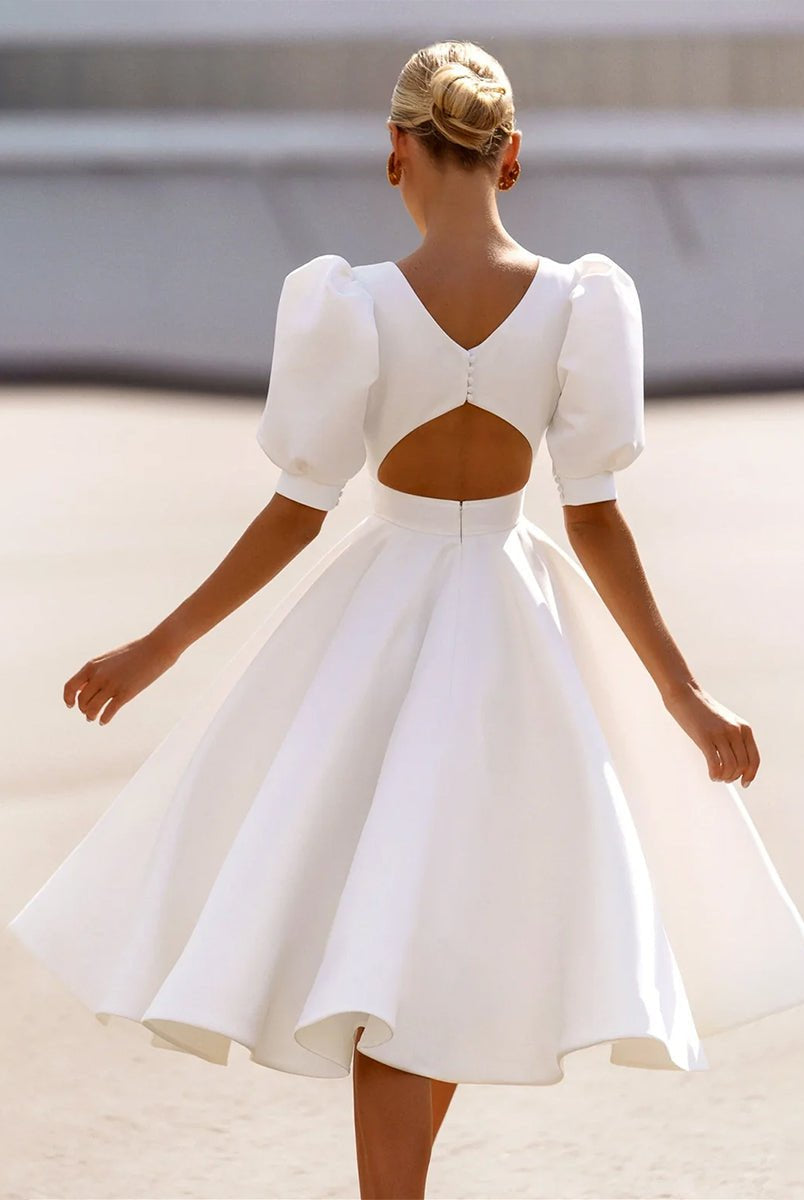 Elegant Bateau A Line Satin Knee - length Wedding Dress - KissProm