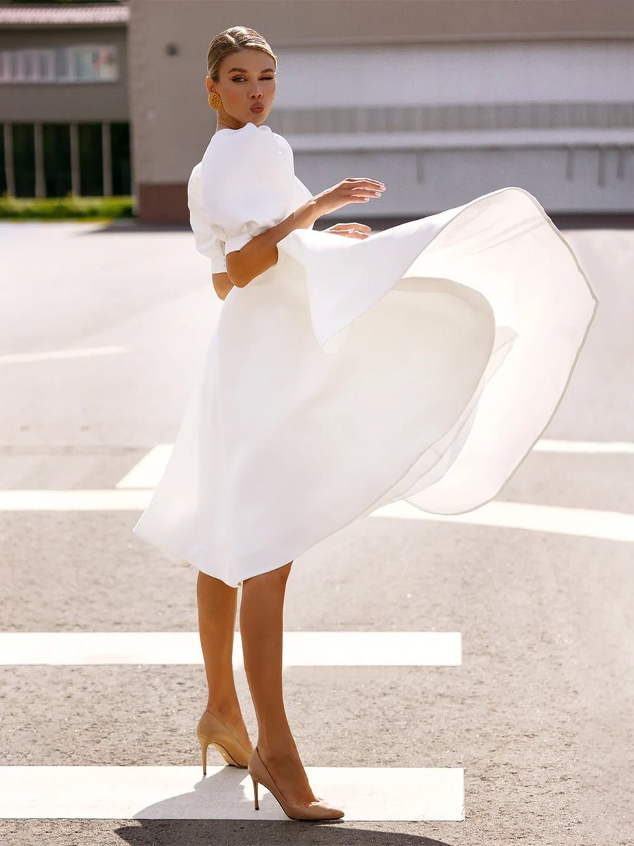 Elegant Bateau A Line Satin Knee - length Wedding Dress - KissProm