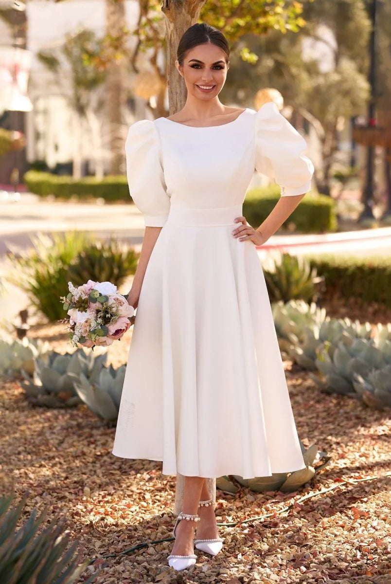 Elegant Bateau A Line Satin Knee - length Wedding Dress - KissProm