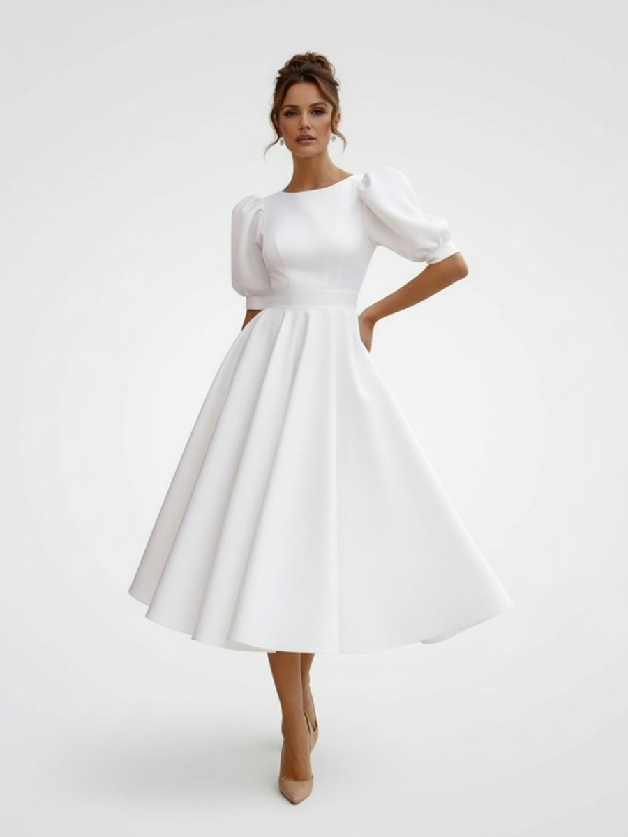 Elegant Bateau A Line Satin Knee - length Wedding Dress - KissProm
