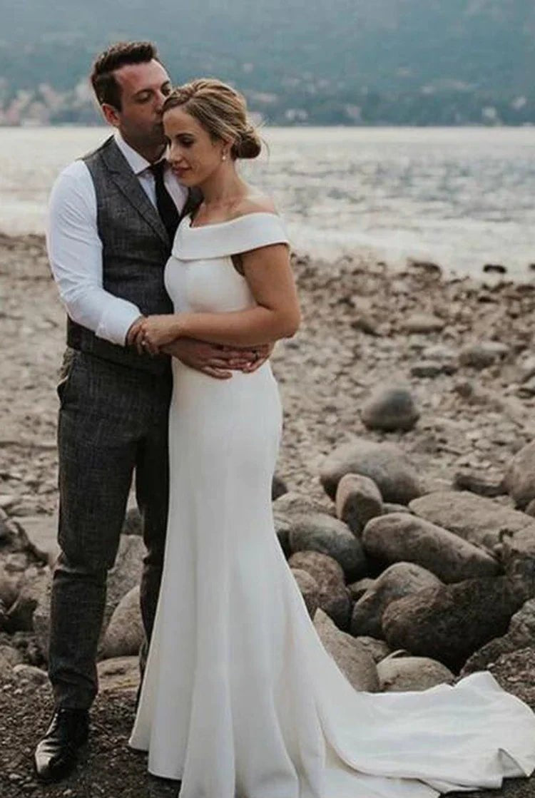 Elegant Chiffon Off-the-shoulder Keyhole Back Bridal Gown with Court Train