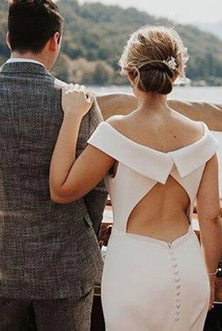 Elegant Chiffon Off-the-shoulder Keyhole Back Bridal Gown with Court Train