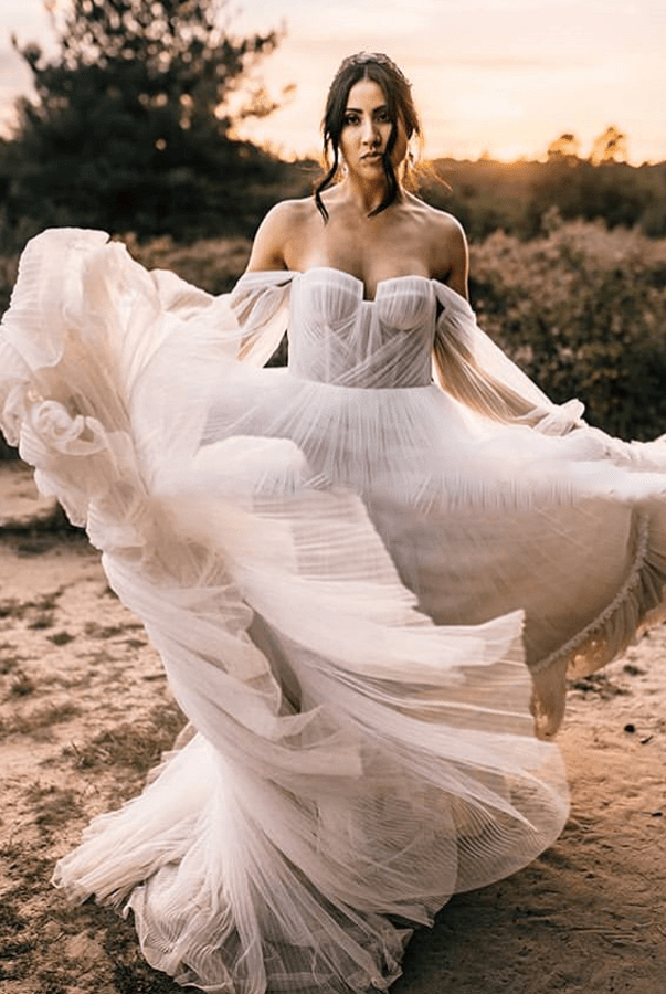 Elegant Flowy Tulle Off the Shoulder Long Sleeve Boho Wedding Bridal Gowns