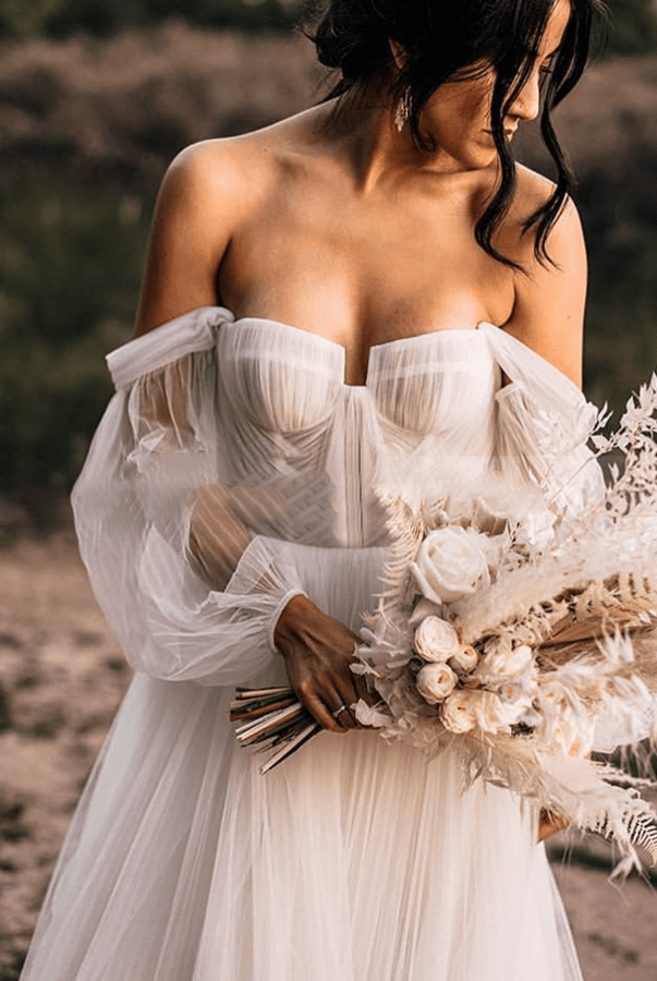 Elegant Flowy Tulle Off the Shoulder Long Sleeve Boho Wedding Bridal Gowns
