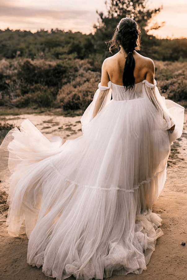 Elegant Flowy Tulle Off the Shoulder Long Sleeve Boho Wedding Bridal Gowns
