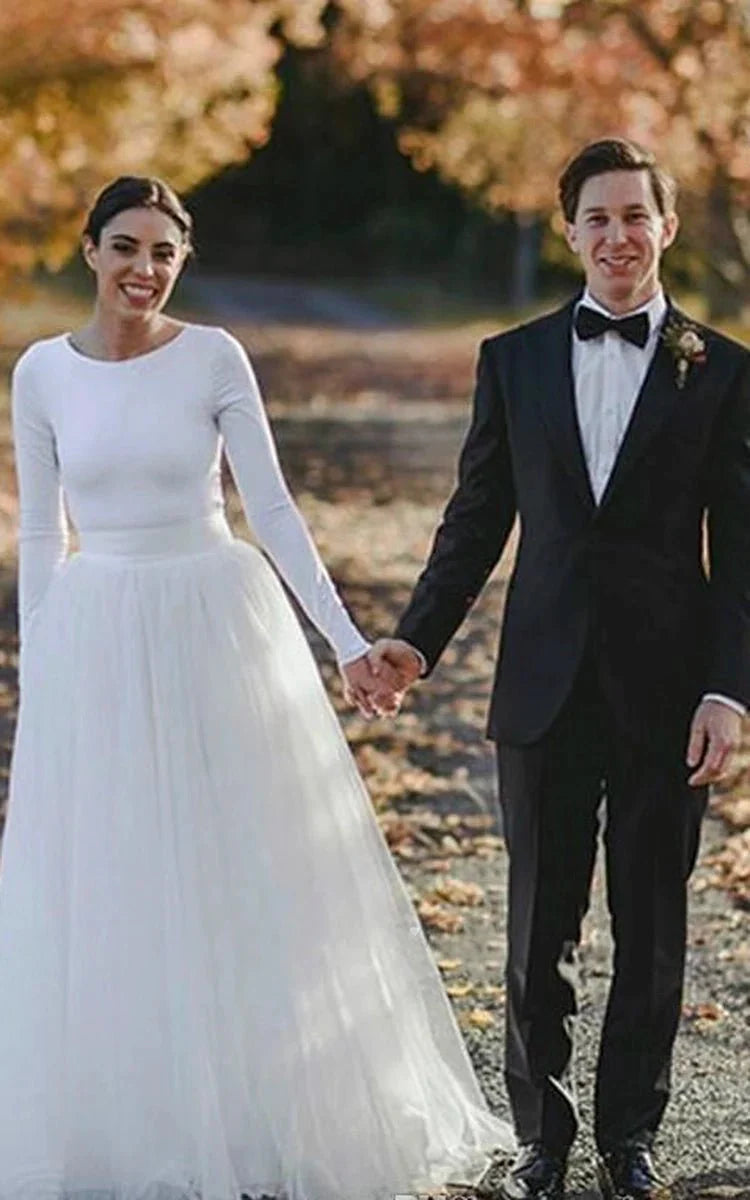 Elegant Long Sleeve Fitted Modest Jersey and Tulle Wedding Dress Diamond White / 20 Elegant Long Sleeve Fitted Modest Jersey and Tulle Wedding Dress Diamond White / 20