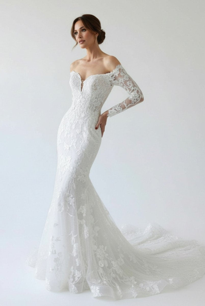Elegant Mermaid Long Sleeve Off the Shoulder Lace Wedding Dress - KissProm