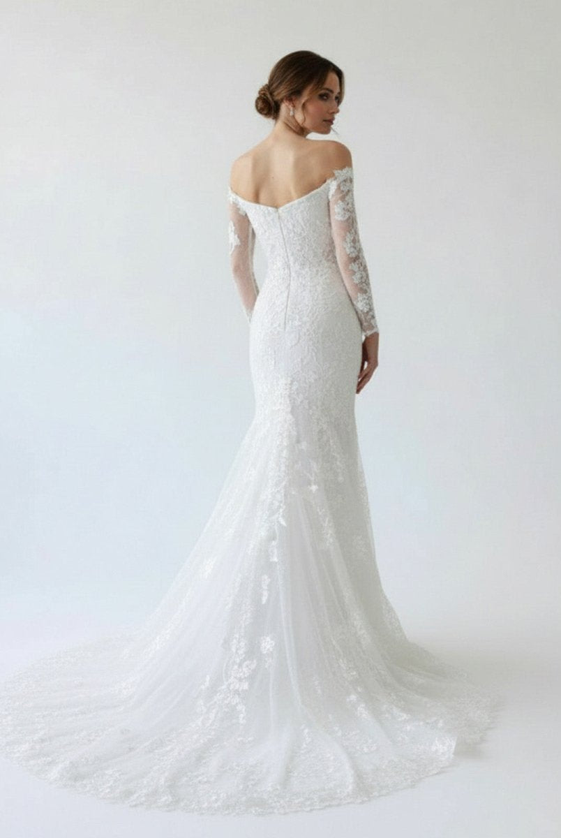 Elegant Mermaid Long Sleeve Off the Shoulder Lace Wedding Dress - KissProm