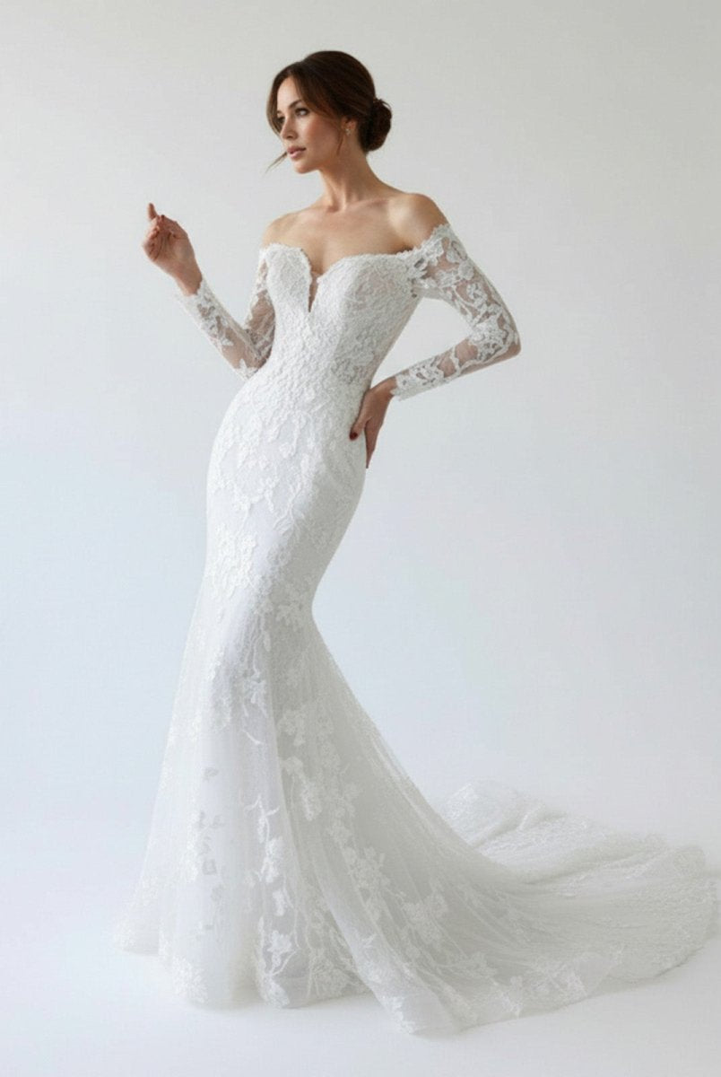 Elegant Mermaid Long Sleeve Off the Shoulder Lace Wedding Dress - KissProm