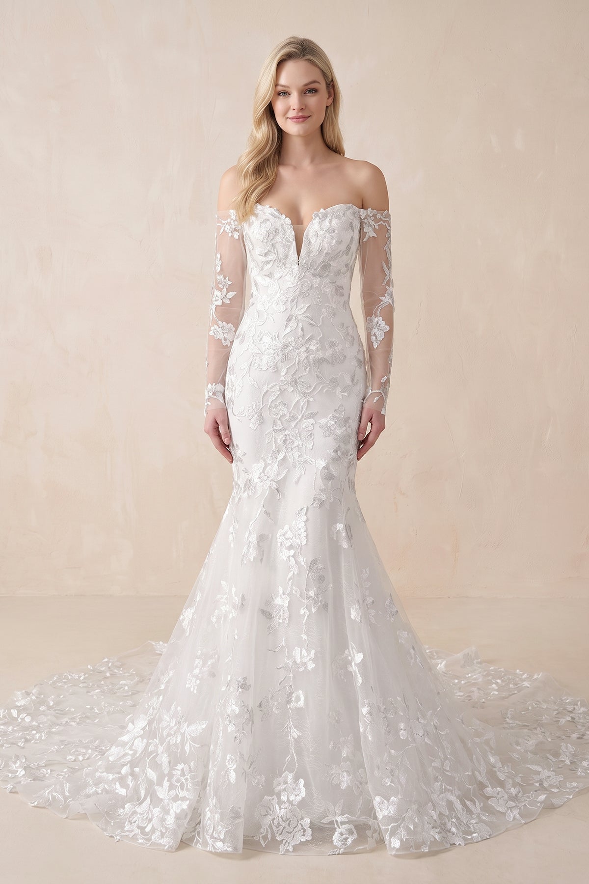 KissProm Elegant Mermaid Long Sleeve Off the Shoulder Lace Wedding Dress, Diamond White / 16