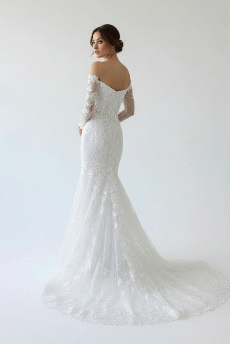 Elegant Mermaid Long Sleeve Off the Shoulder Lace Wedding Dress - KissProm