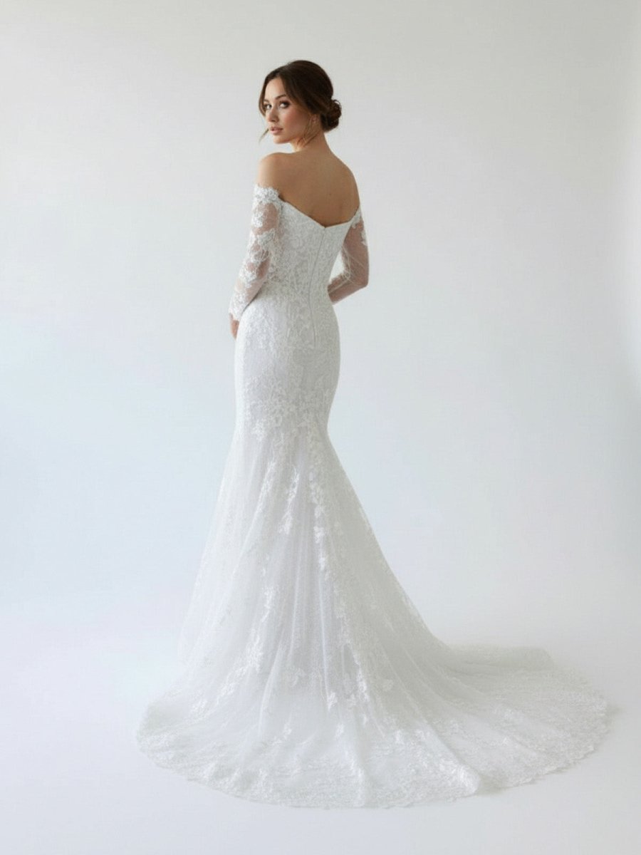 Elegant Mermaid Long Sleeve Off the Shoulder Lace Wedding Dress - KissProm