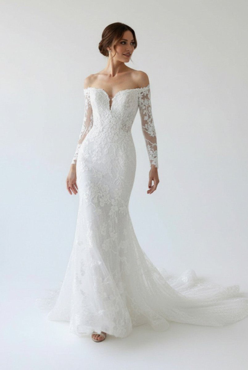 Elegant Mermaid Long Sleeve Off the Shoulder Lace Wedding Dress - KissProm
