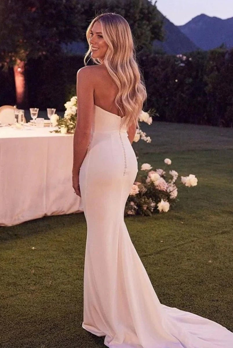 Elegant Mermaid Strapless Elastic Satin Wedding Dresses with Train - KissProm