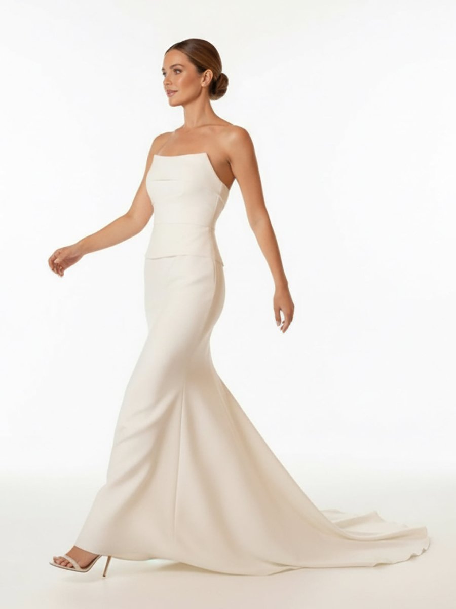 Elegant Mermaid Strapless Elastic Satin Wedding Dresses with Train - KissProm