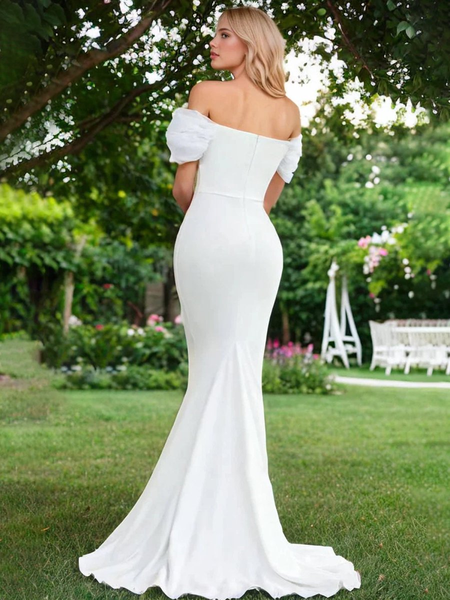 Elegant Mermaid Sweetheart Sexy Off - the - Shoulder Wrap - Around Satin Wedding Dress - KissProm