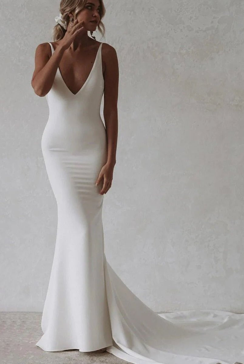 Dorian | Elegant Mermaid V - Neck Elastic Satin Long Wedding Dresses - KissProm