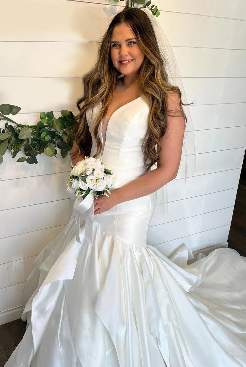 Elegant Mermaid V Neck Taffeta Wedding Dresses - KissProm