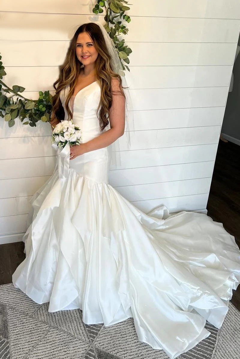 Elegant Mermaid V Neck Taffeta Wedding Dresses - KissProm