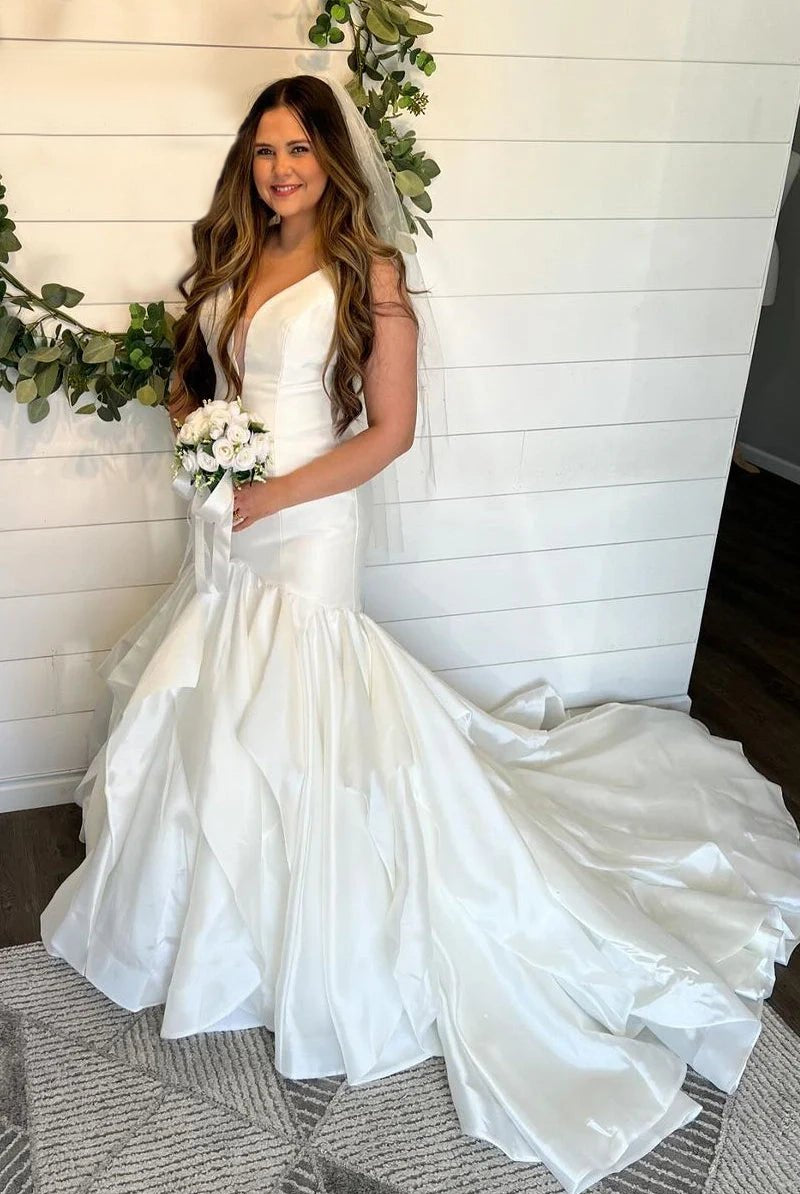 Elegant Mermaid V Neck Taffeta Wedding Dresses - KissProm