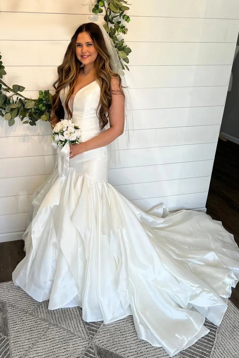 Elegant Mermaid V Neck Taffeta Wedding Dresses - KissProm