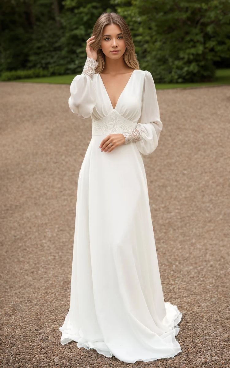Jolanda A-Line Floor Chiffon Long Sleeve Wedding Dress with Sequins