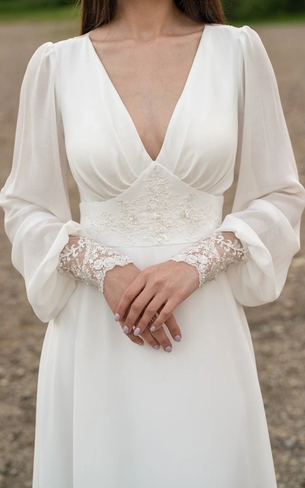 Jolanda | A-Line Floor Chiffon Long Sleeve Wedding Dress with Sequins and Train