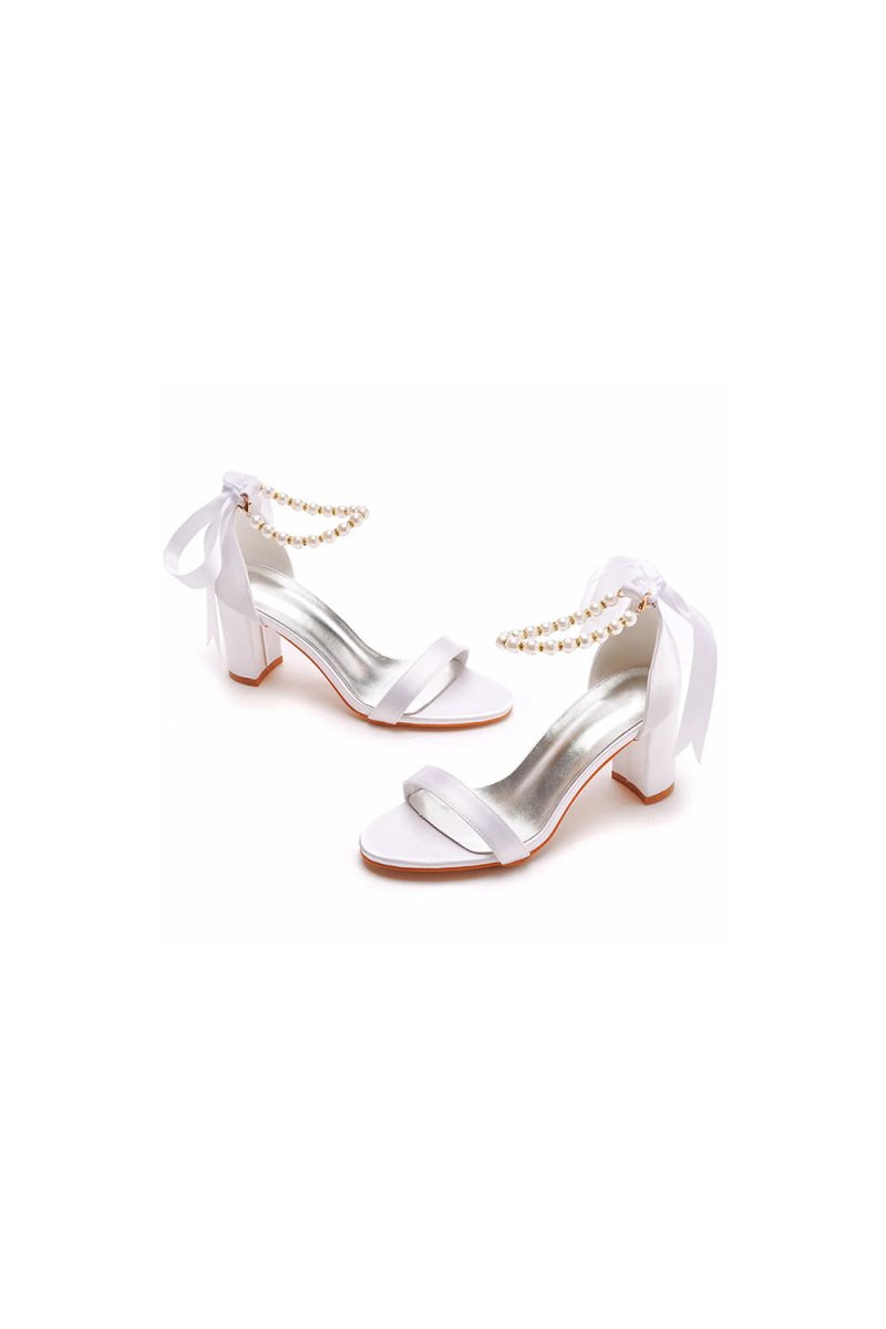 Elegant Pearl Ribbon Tie Satin Open Toe Ankle Strap Block High Heels - KissProm