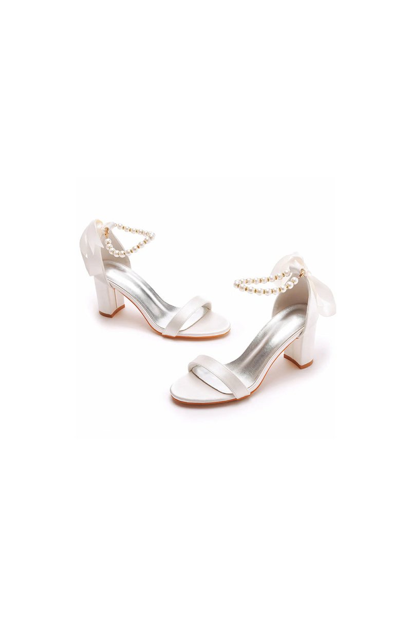 Elegant Pearl Ribbon Tie Satin Open Toe Ankle Strap Block High Heels - KissProm