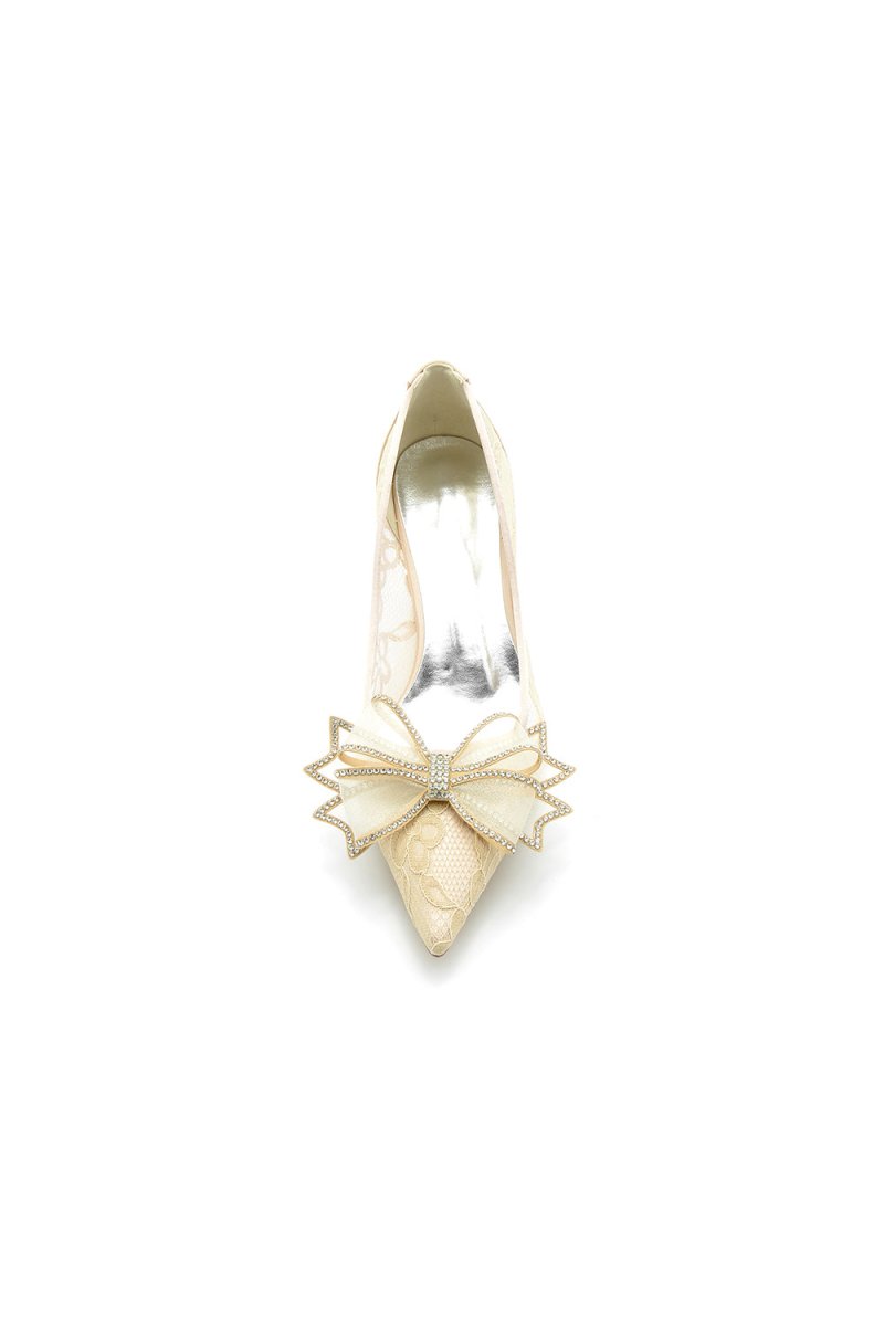 Elegant Pointed Toe Lace Mesh Hollow Out High Heels with Bow - KissProm