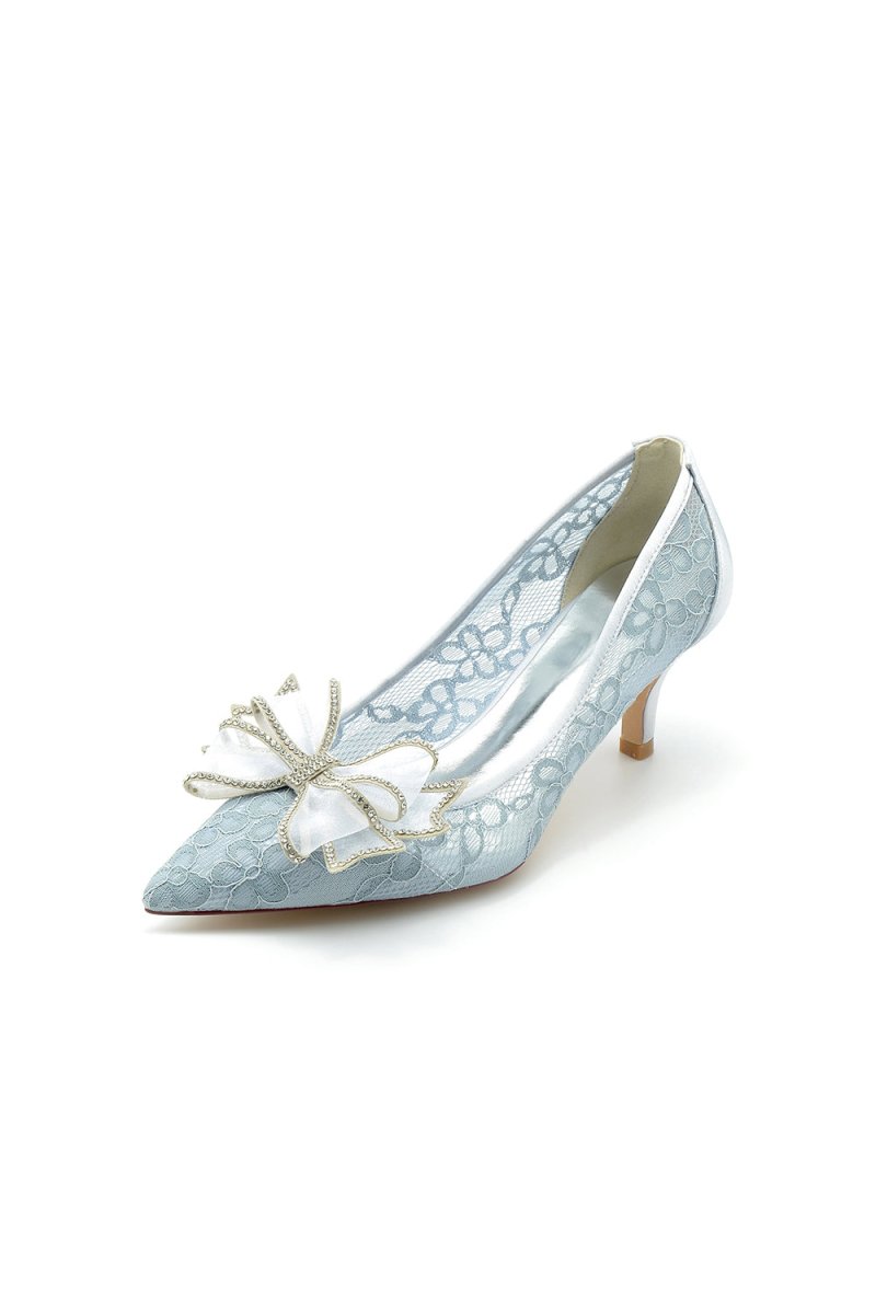 Elegant Pointed Toe Lace Mesh Hollow Out High Heels with Bow - KissProm