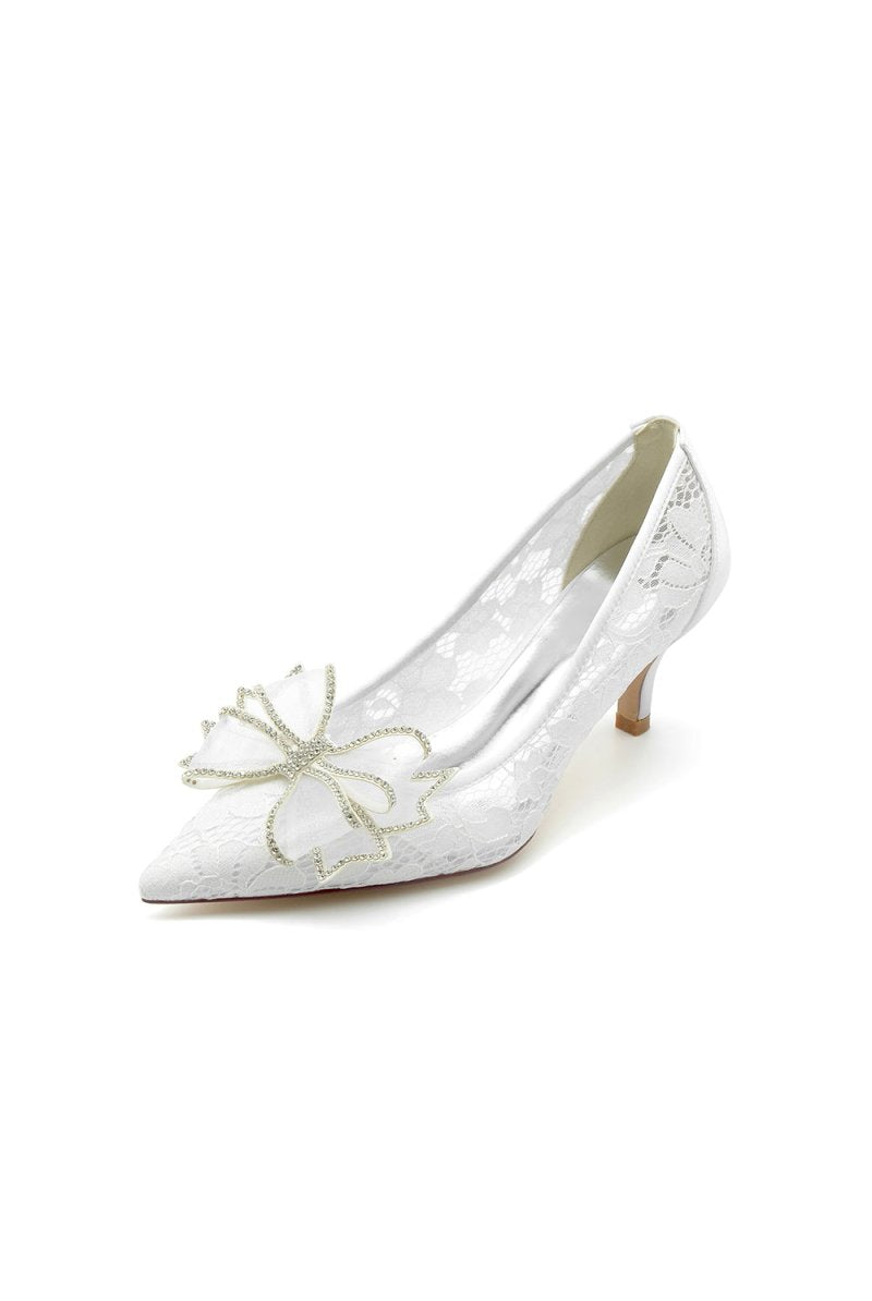 Elegant Pointed Toe Lace Mesh Hollow Out High Heels with Bow - KissProm