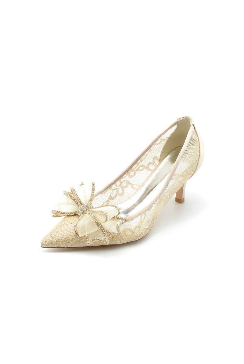Elegant Pointed Toe Lace Mesh Hollow Out High Heels with Bow - KissProm
