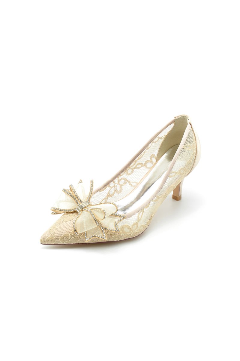 Elegant Pointed Toe Lace Mesh Hollow Out High Heels with Bow - KissProm