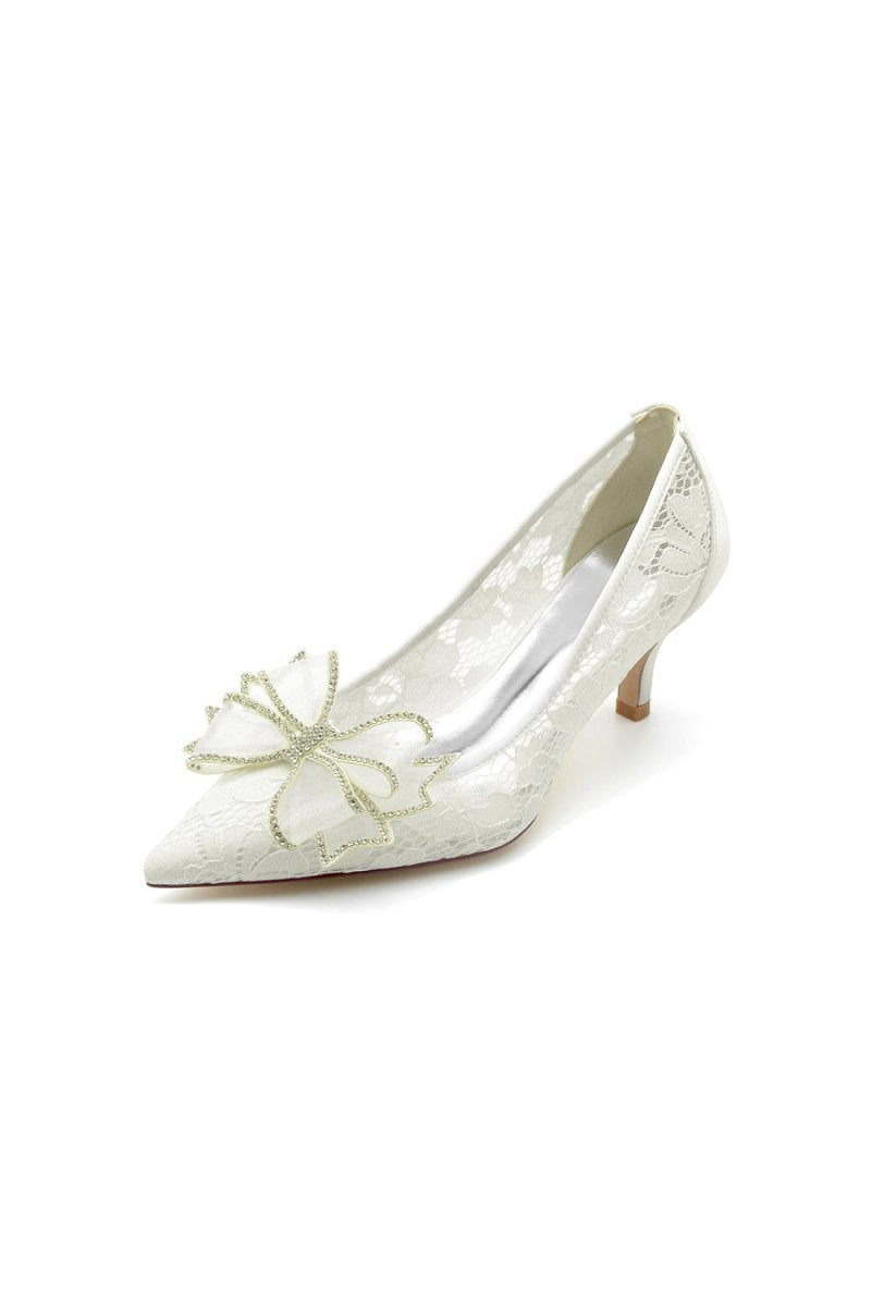 Elegant Pointed Toe Lace Mesh Hollow Out High Heels with Bow - KissProm