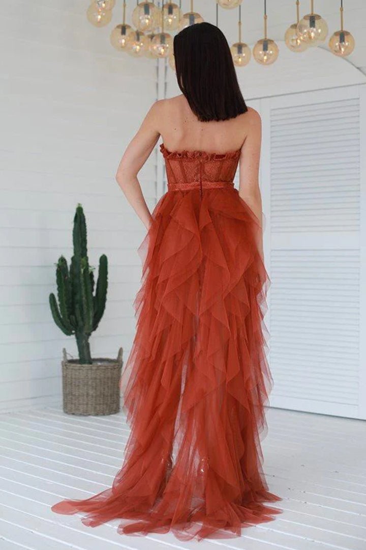 Saanvi | Elegant Rust Tiered Ruffles Tulle Prom Dress