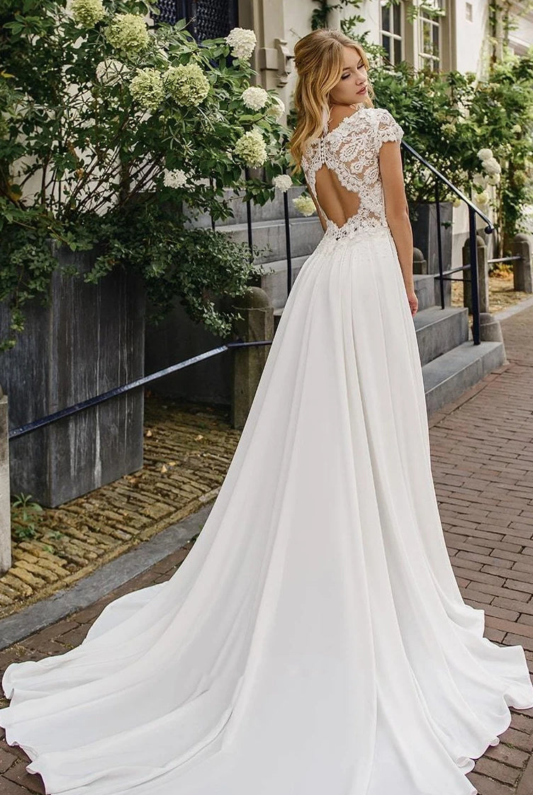 Elegant Satin and Lace Bateau A Line Court Train Wedding Dress with Ruching
