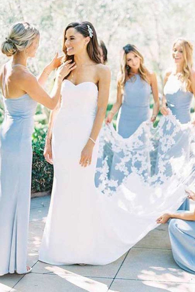 Elegant Sheath Halter Light Blue Satin Long Bridesmaid Dresses - KissProm