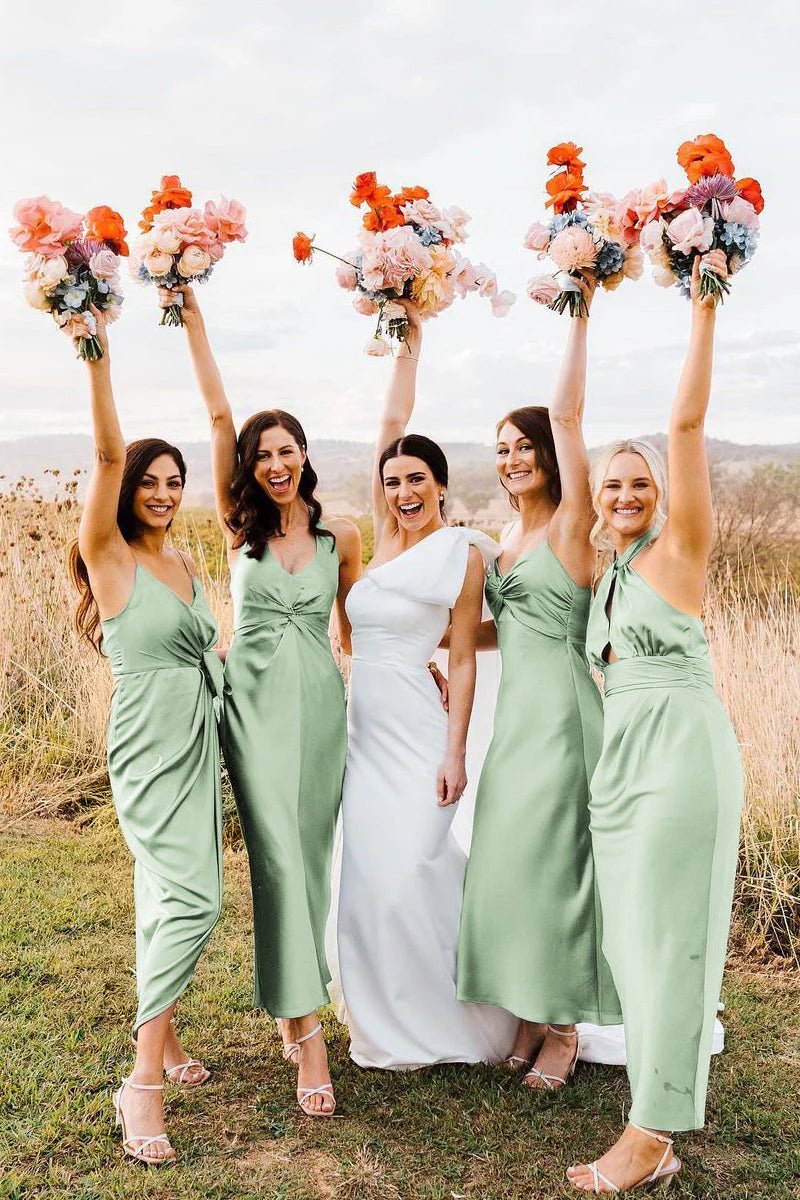 Elegant Sheath Halter Silk Satin Bridesmaid Dresses - KissProm