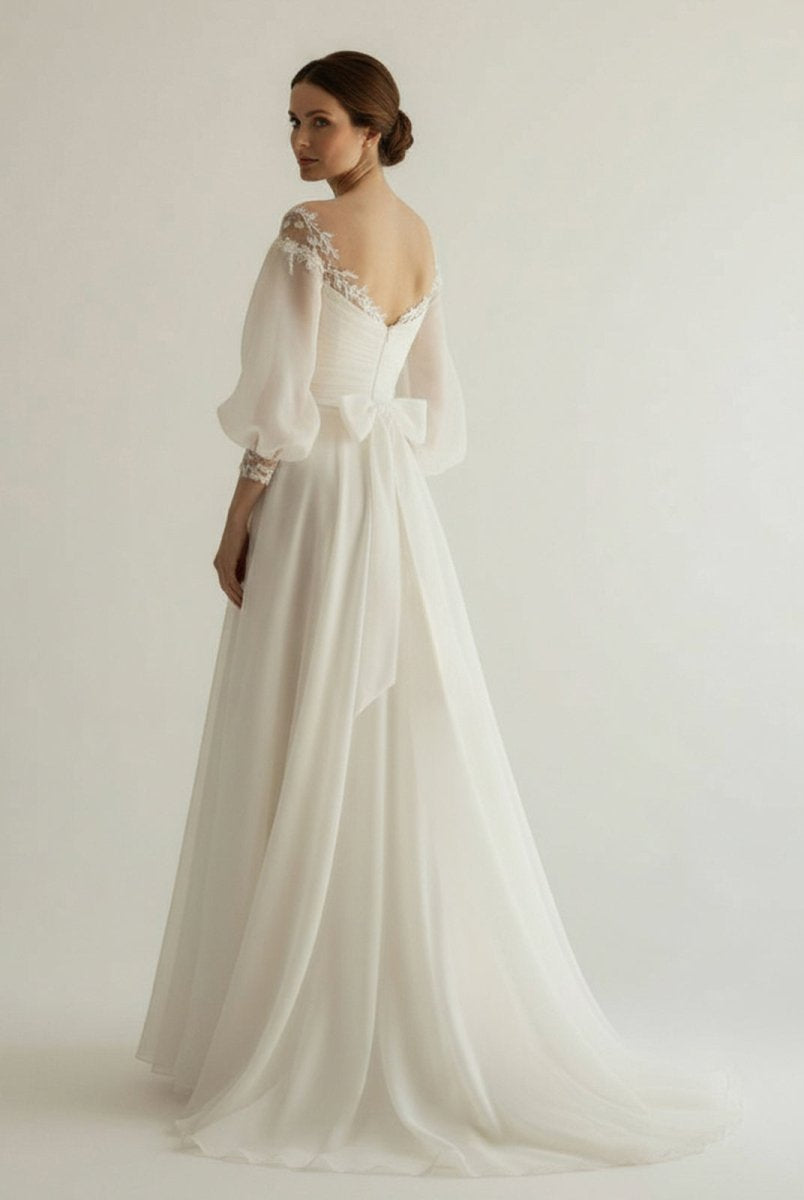 Elegant Simple Beach A - Line Lace Organza Floor Zipper Low - V BackWedding Dress with Sheer Sleeve - KissProm