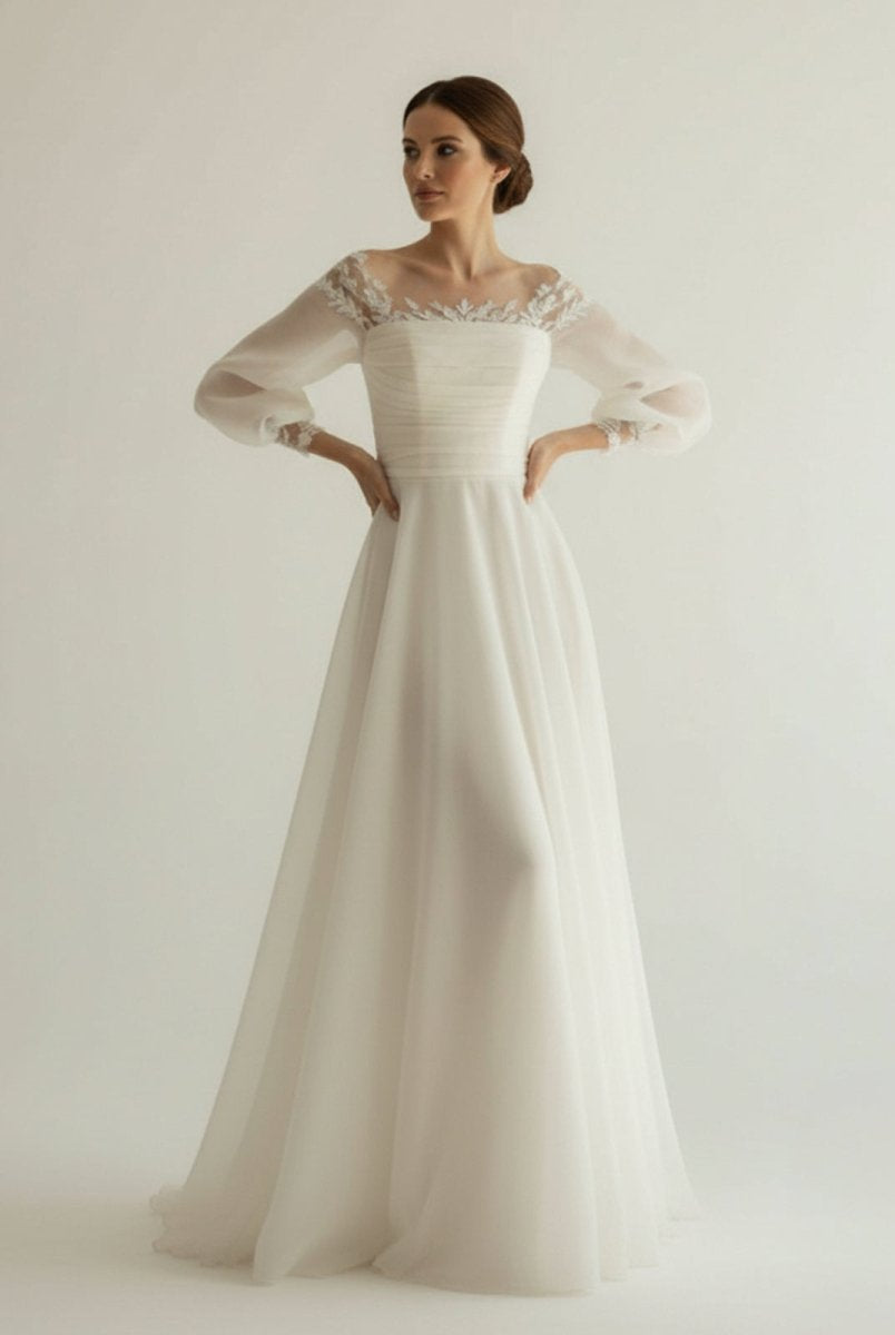 Elegant Simple Beach A - Line Lace Organza Floor Zipper Low - V BackWedding Dress with Sheer Sleeve - KissProm