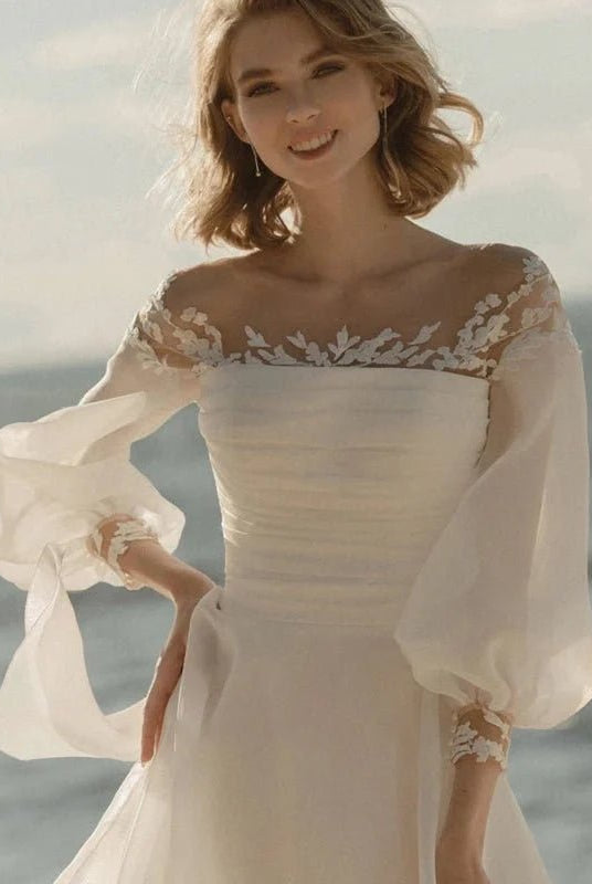 Elegant Simple Beach A - Line Lace Organza Floor Zipper Low - V BackWedding Dress with Sheer Sleeve - KissProm
