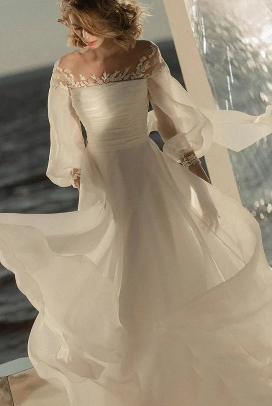 Elegant Simple Beach A - Line Lace Organza Floor Zipper Low - V BackWedding Dress with Sheer Sleeve - KissProm