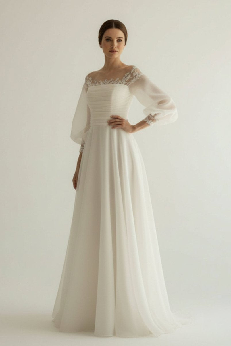 Elegant Simple Beach A - Line Lace Organza Floor Zipper Low - V BackWedding Dress with Sheer Sleeve - KissProm