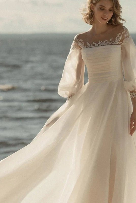 Elegant Simple Beach A - Line Lace Organza Floor Zipper Low - V BackWedding Dress with Sheer Sleeve - KissProm